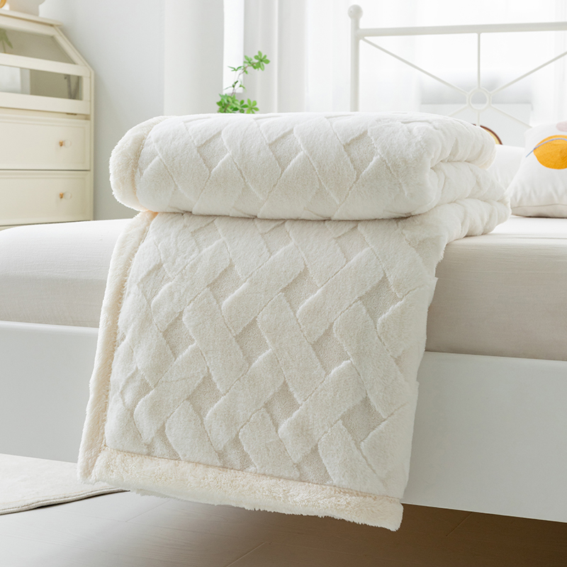 2023新款保暖舒适兔绒提花双层毛毯--格子系列 100*150cm 格子-白色