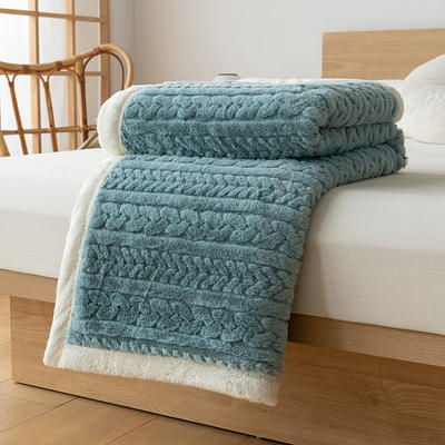 2023新款保暖舒适兔绒提花双层毛毯--麻花系列 100*150cm 麻花-蓝色