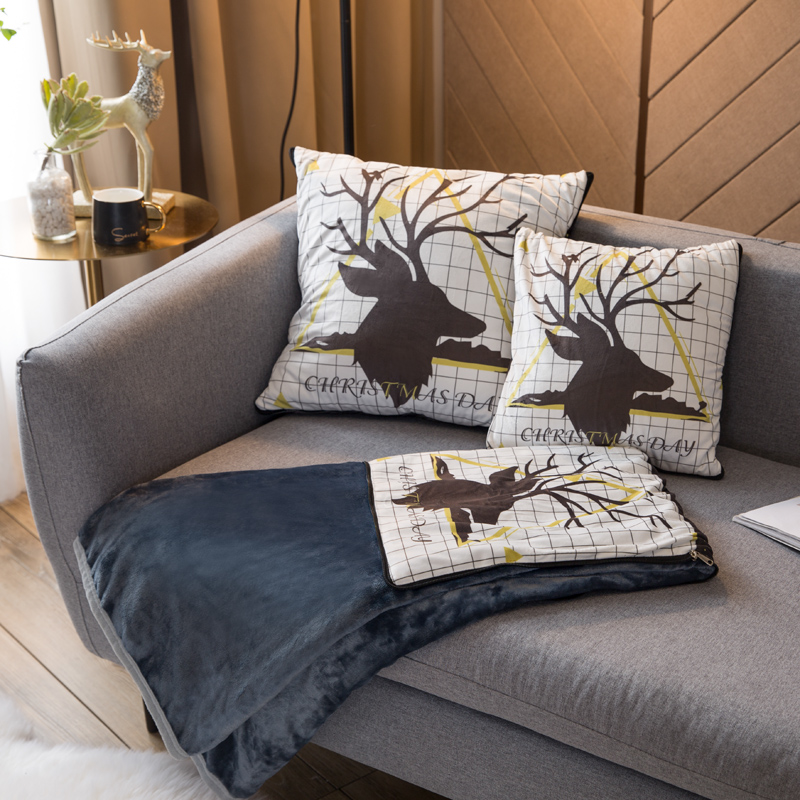 北欧风印花毛毯抱枕毯 45x45cm 三角鹿