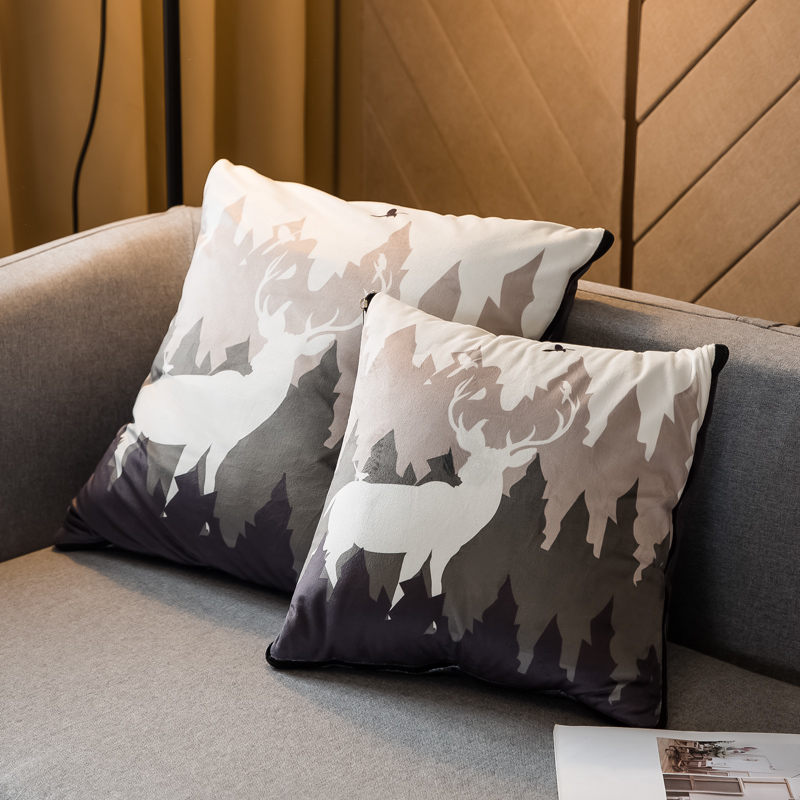 北欧风印花毛毯抱枕毯 45x45cm 森林麋鹿