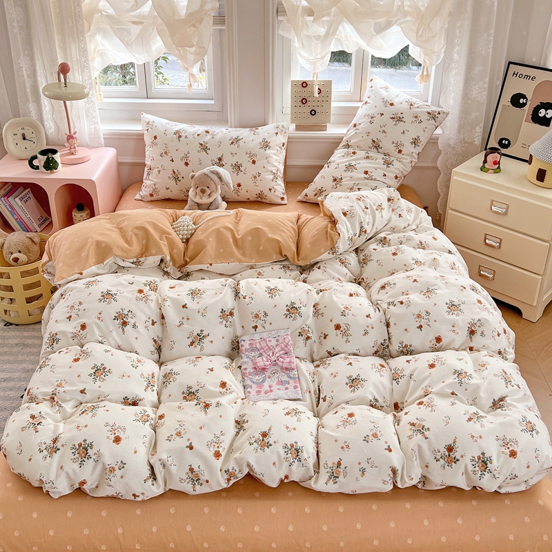 2025新款13070全棉四件套加厚斜纹纯棉印花田园小清新床单被套枕套床上用品 橙香满屋