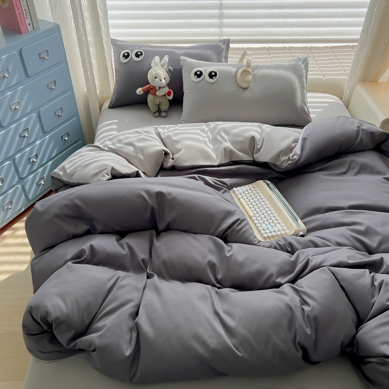 （有买家秀）2025新款大眼睛毛巾绣双拼水洗棉四件套多巴胺风简约纯色双拼三四件套床品套件 中东灰+玛瑙灰（眼睛款）