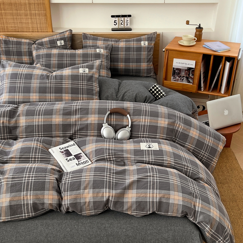 2025新款全棉色织水洗棉四件套学生三件套简约ins风床单被套床品套件 巴莉灰橘