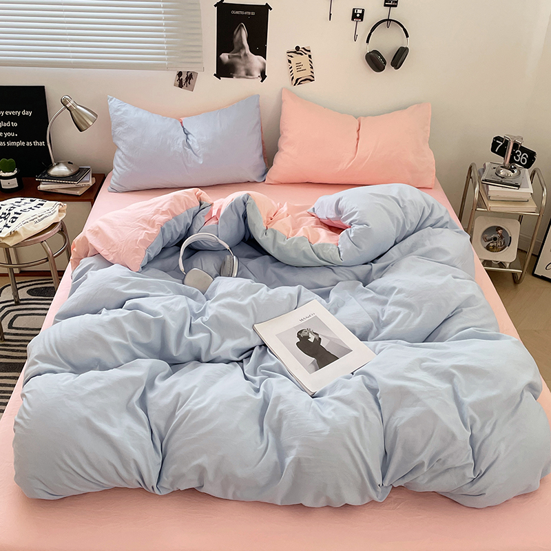 2025新款纯色双拼水洗棉四件套简约撞色系床单被套枕套床上用品 晨曦粉蓝