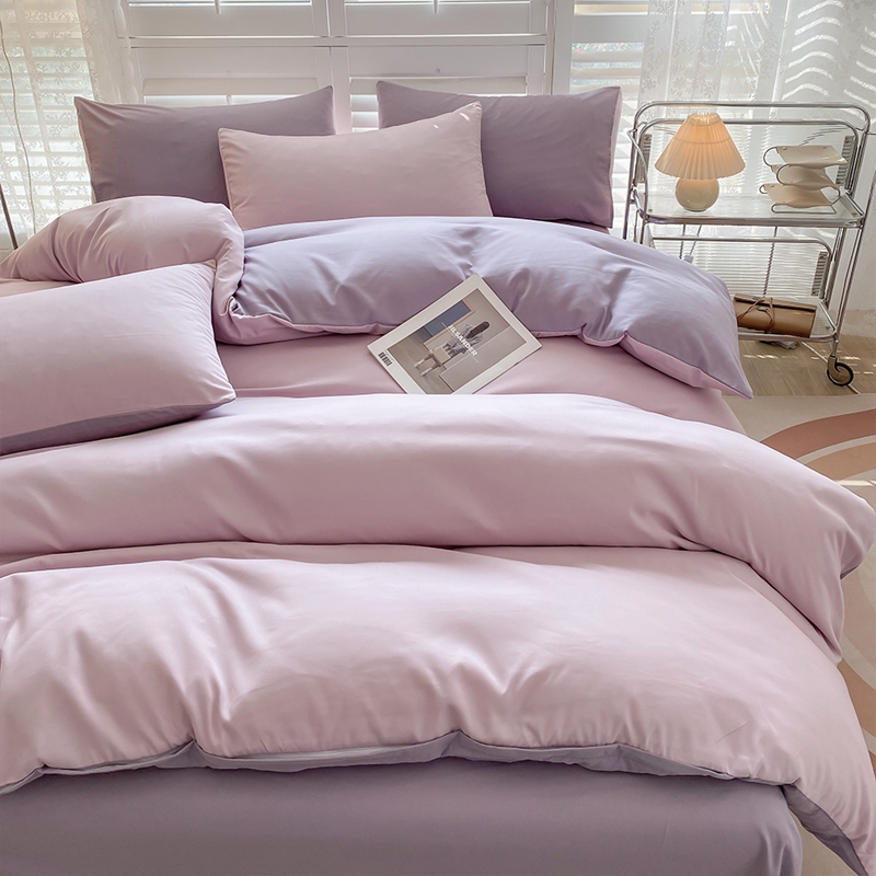 2025新款纯色双拼水洗棉四件套ins风柔软裸睡床单被套枕套四季通用床上用品 奶粉+葡萄紫