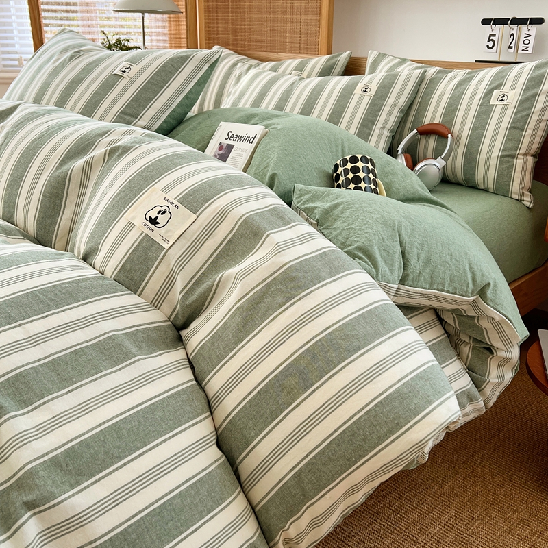 2025新款全棉水洗棉色织四件套复古条纹ins风纯棉学生宿舍三件套床单床笠款 青春物语-绿