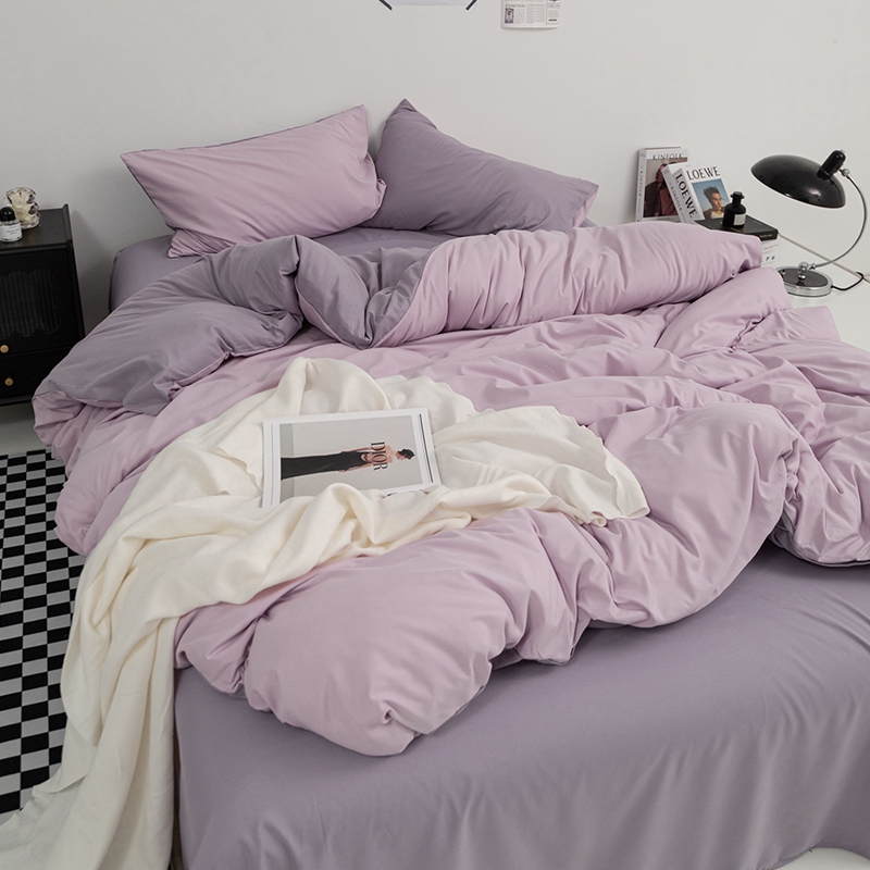 日式纯色水洗棉床上四件套床单被套学生宿舍三件套床单 1.2米床单款三件套 奶粉+葡萄紫