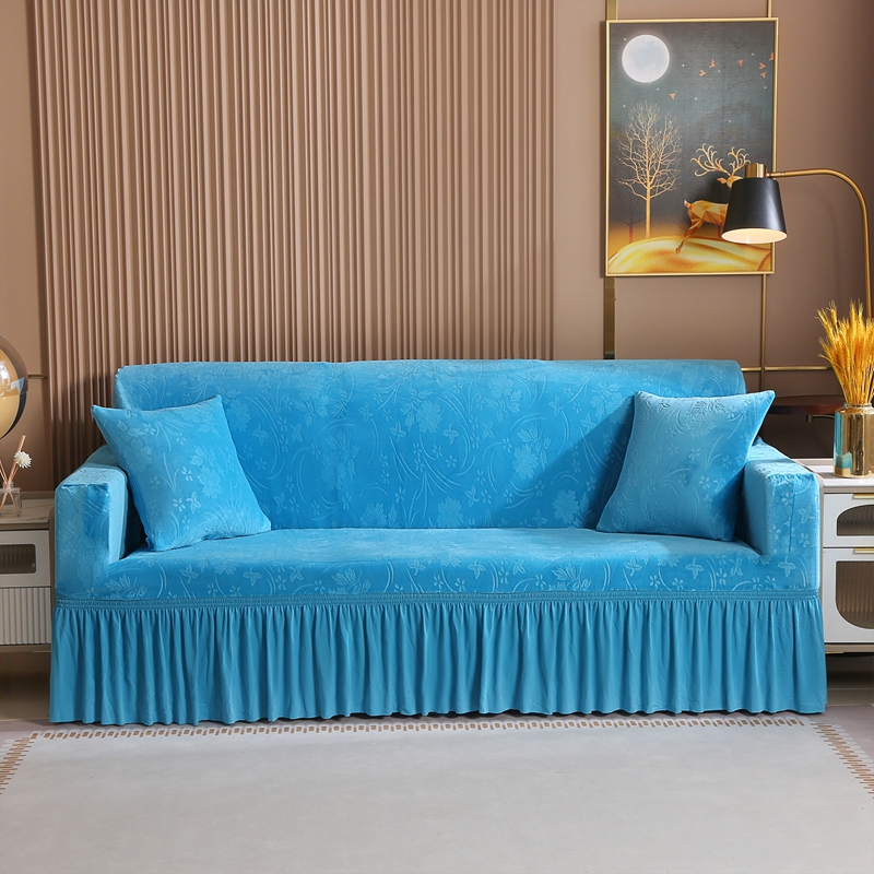 沙发垫欧式通用布艺四级现代防滑水晶绒全包万能沙发套 双人M码(145-185CM) 湖蓝水晶绒