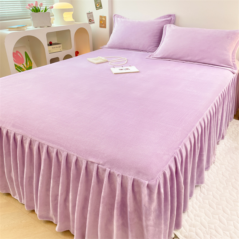 2024新款牛奶绒单层床裙床罩床单床盖床护垫套三件套 150cmx200cm单层床裙 玫瑰紫
