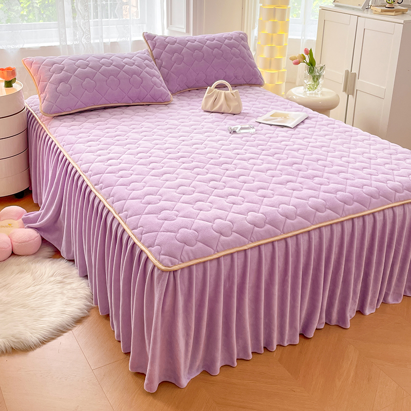 2023牛奶绒夹棉床裙床罩床单床盖床护垫套三件套 150cmx200cm夹棉床裙 玫瑰紫