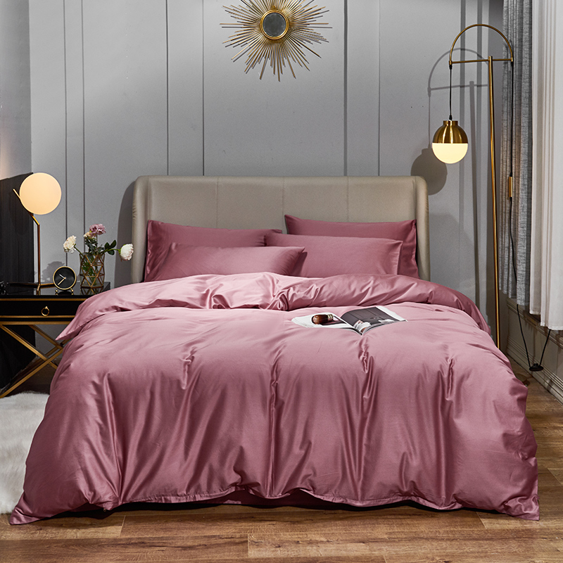 2021新款-60s纯色贡缎长绒棉四件套 床单款四件套1.8m（6英尺）床 红豆沙