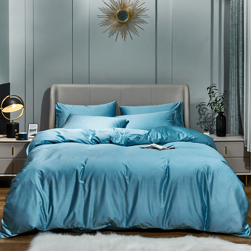 2021新款-60s纯色贡缎长绒棉四件套 床单款四件套1.8m（6英尺）床 天空蓝