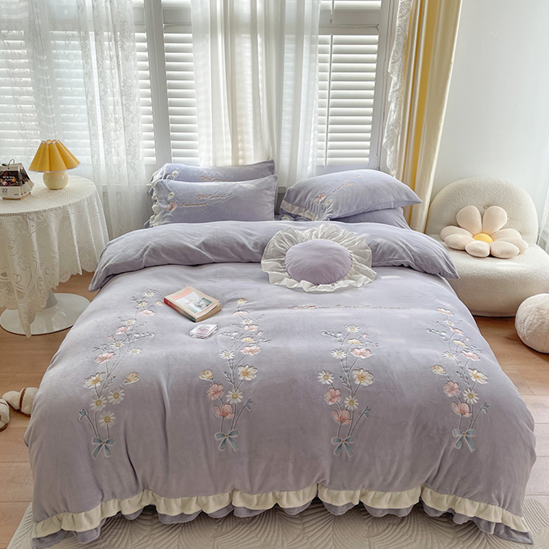 2021新款韩版牛奶绒刺绣花边设计款四件套 1.8m床单款四件套 陌上花开-淡紫