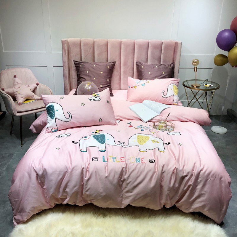 2019新款60长绒棉四件套 1.5m（5英尺）床 萌小象-粉色