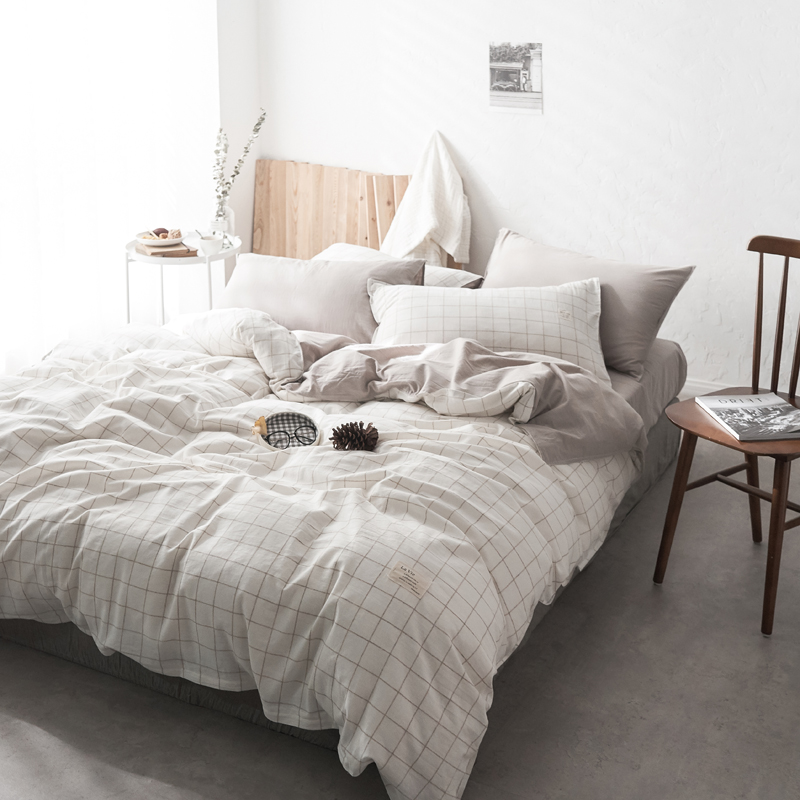 新款-水洗色织棉麻四件套 床单款1.5m（5英尺）床 咖小格