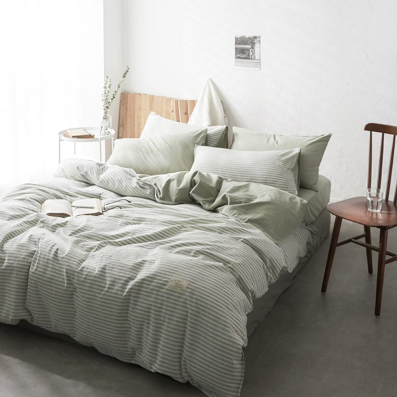 新款-水洗色织棉麻四件套 床单款1.5m（5英尺）床 绿粗条