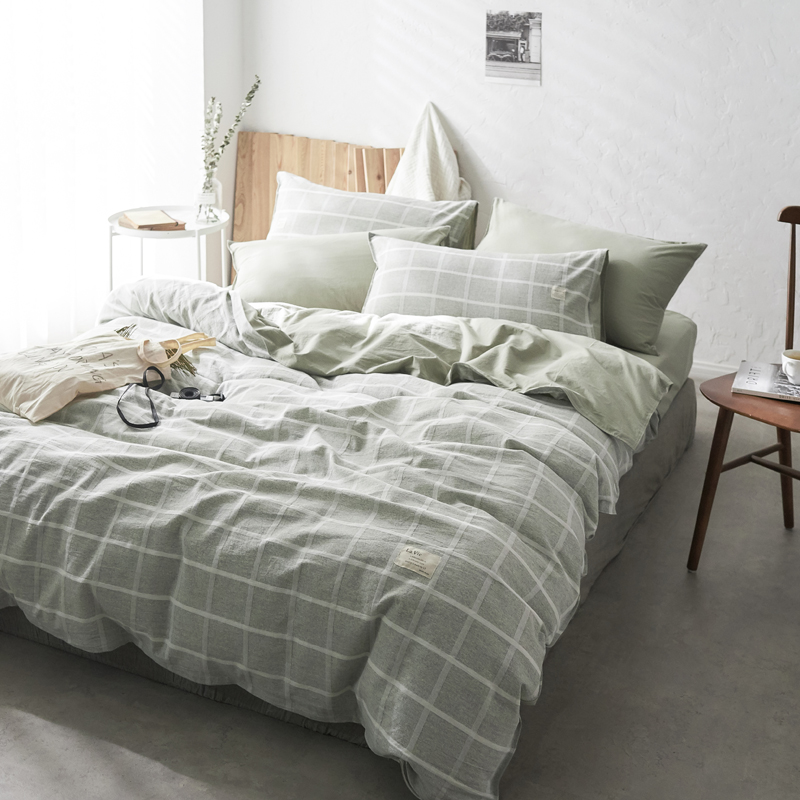 新款-水洗色织棉麻四件套 床单款1.5m（5英尺）床 绿大格
