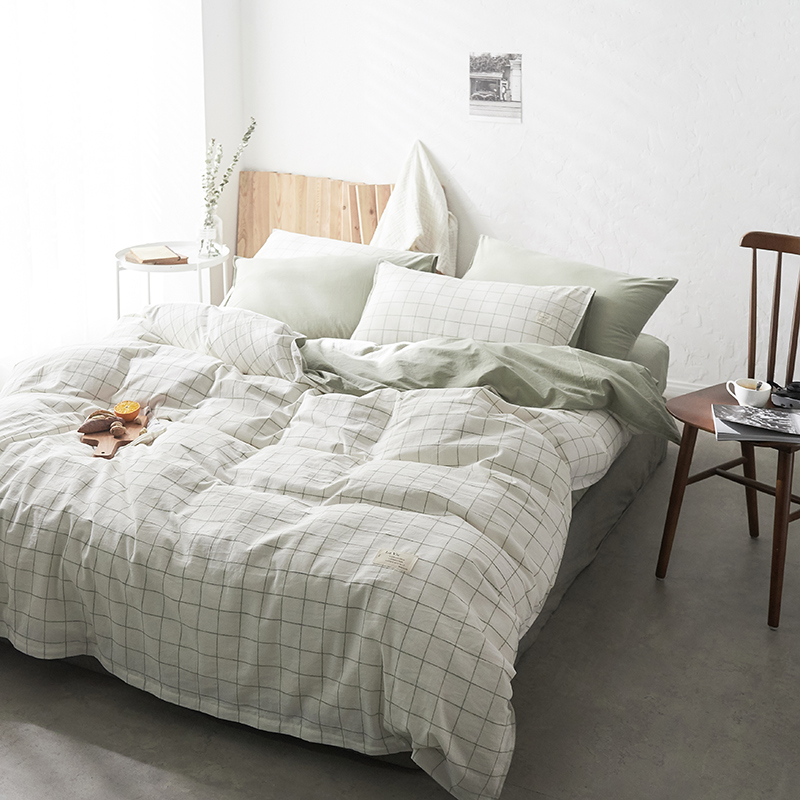 新款-水洗色织棉麻四件套 床单款1.5m（5英尺）床 绿小格