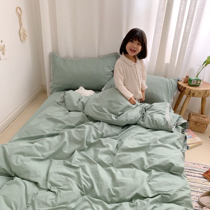 2020新款-（宝宝实拍图）水洗棉长绒棉纯色拼接款 床单款1.5m（5英尺）床 岚-翡翠绿