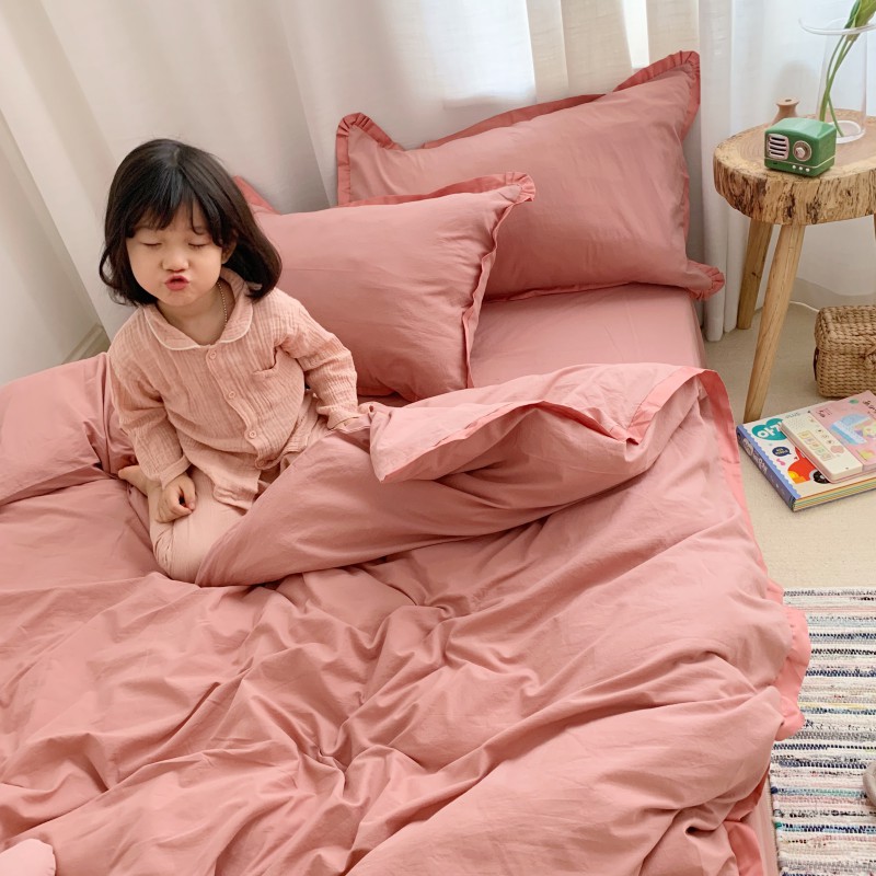 2020新款-（宝宝实拍图）水洗棉长绒棉纯色拼接款 床单款1.5m（5英尺）床 岚-珊瑚红
