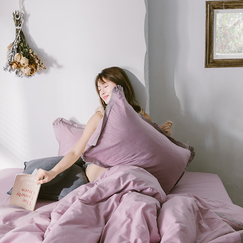 2020新款-水洗棉长绒棉纯色拼接款四件套 床单款1.5m（5英尺）床 岚-安娜紫