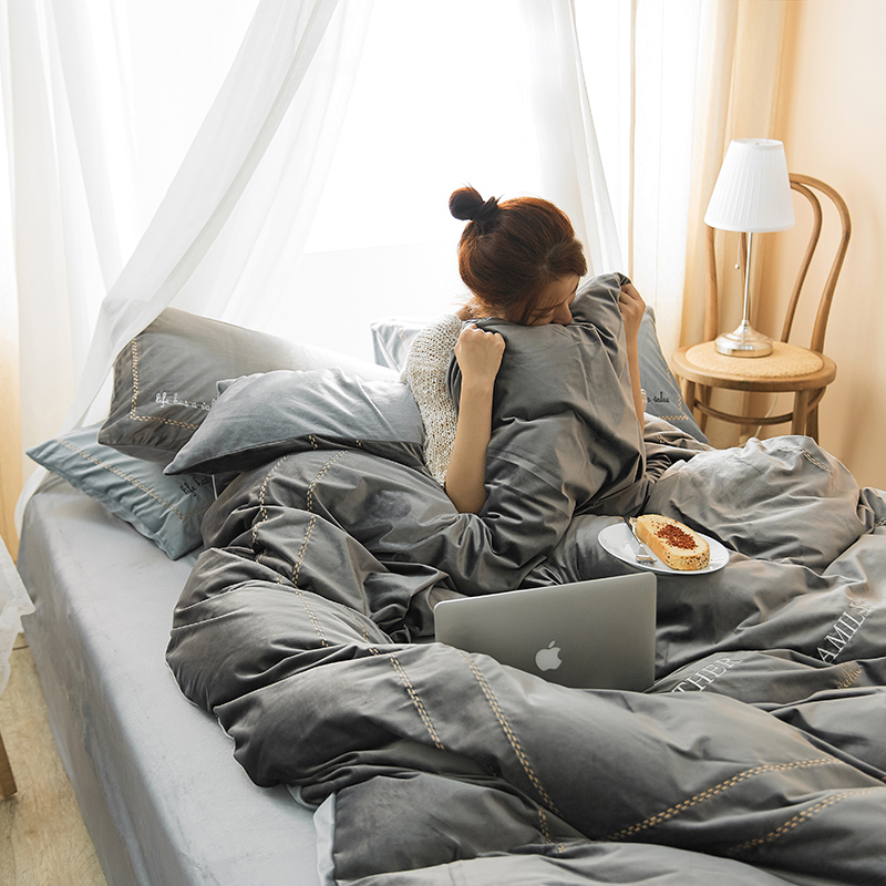 新品-唤醒系列丽丝绒刺绣保暖四件套 床单款四件套1.5m（5英尺）床 唤醒灰