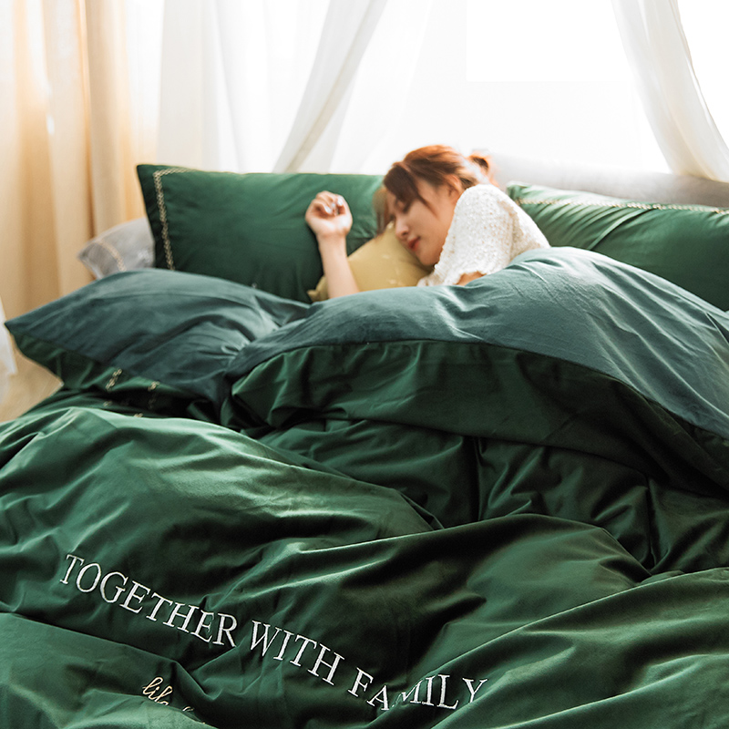 新品-唤醒系列丽丝绒刺绣保暖四件套 床单款四件套1.5m（5英尺）床 唤醒绿