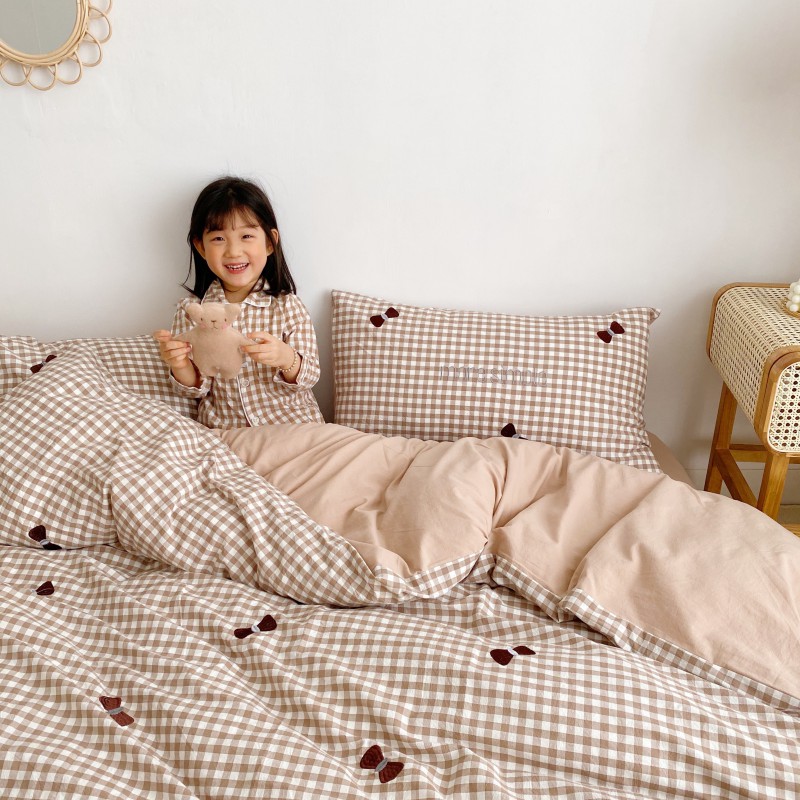 2020新款-（实拍）ins格子控少女心全棉色织刺绣四件套 床单款四件套1.5m（5英尺）床 男朋友 卡其格