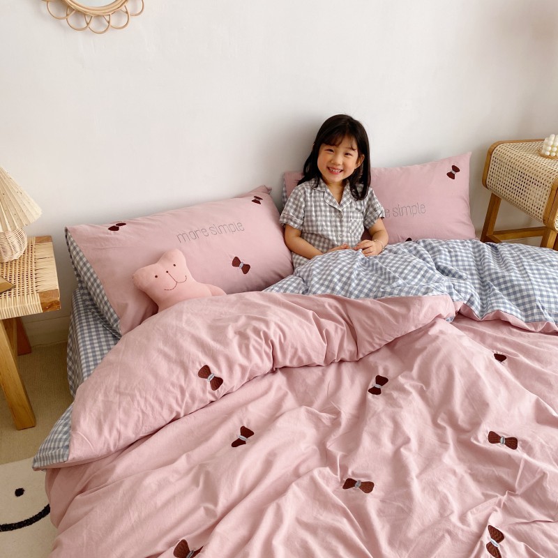 2020新款-（实拍）ins格子控少女心全棉色织刺绣四件套 床单款四件套1.5m（5英尺）床 男朋友 浅粉