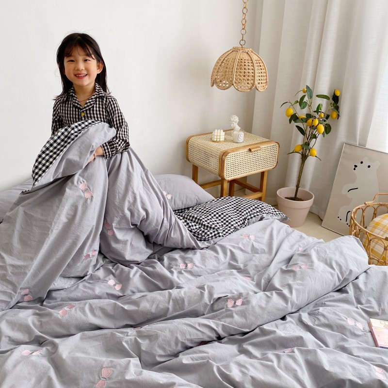 2020新款-（实拍）ins格子控少女心全棉色织刺绣四件套 床单款四件套1.5m（5英尺）床 男朋友 浅灰