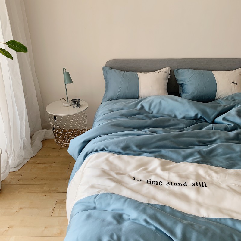 （实拍）2020新品60支天丝刺绣四件套 床单款四件套1.5m（5英尺）床 莫宁湖蓝