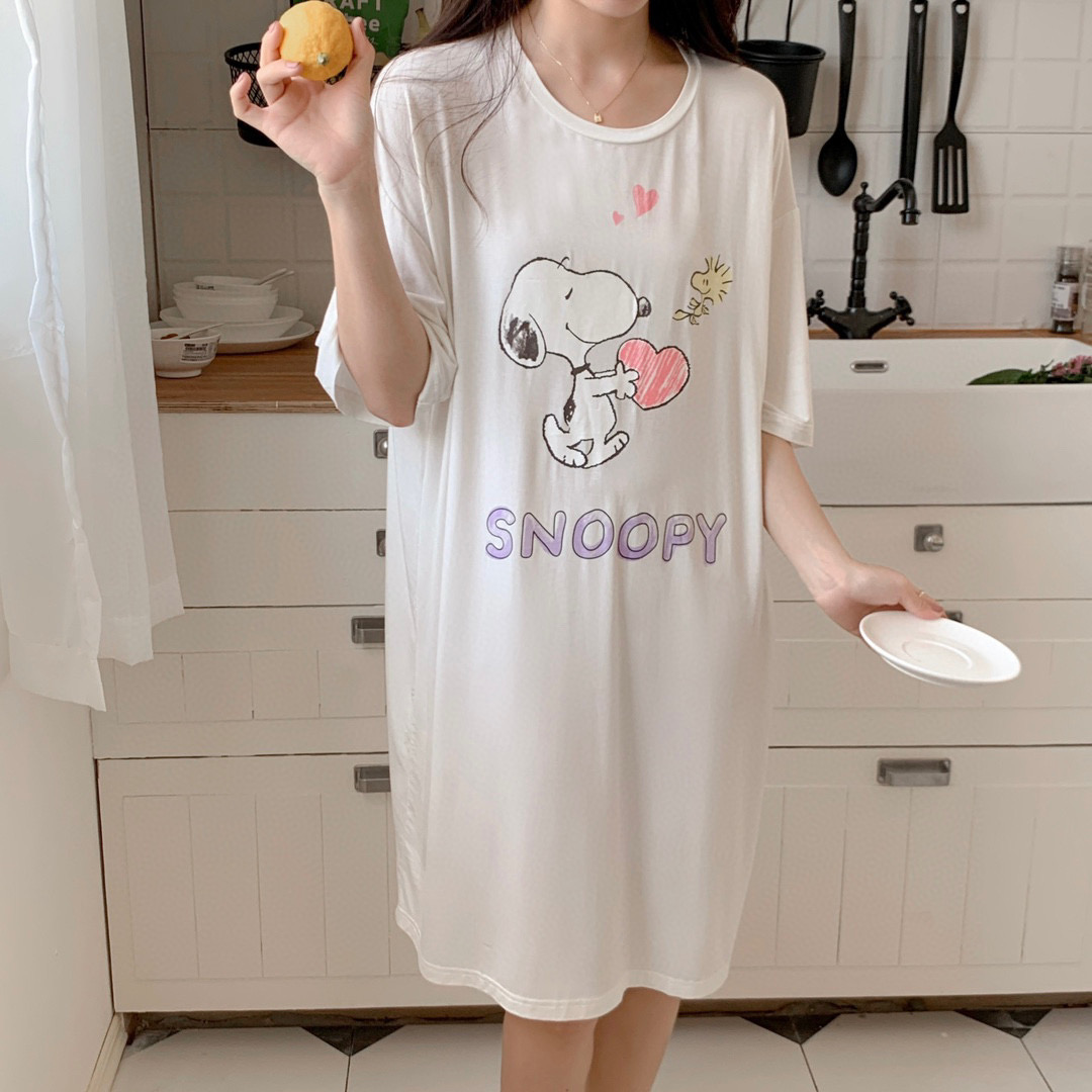 2023新款韩国夏季莫代尔短袖睡裙 均码（155斤内） 爱心史努比白