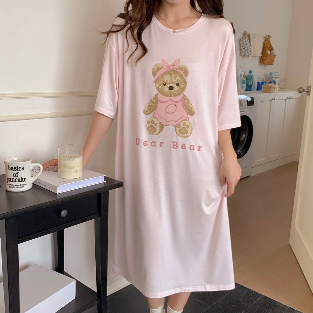 2023新款韩国夏季莫代尔短袖睡裙 均码（155斤内） 娃娃小熊粉