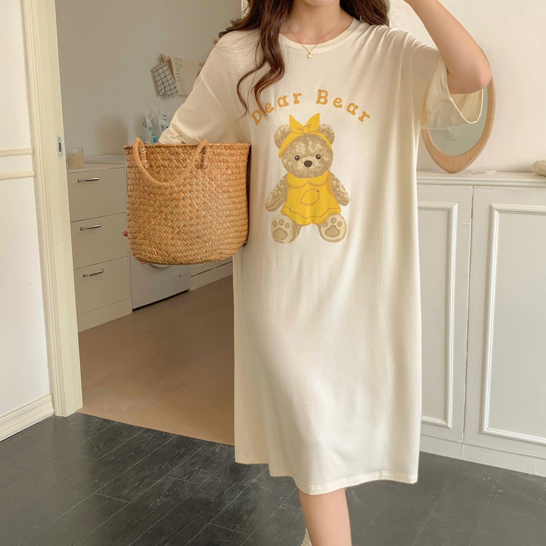 2023新款韩国夏季莫代尔短袖睡裙 均码（155斤内） 娃娃小熊米黄