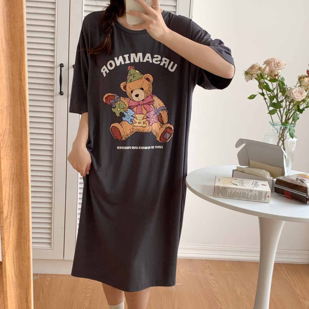 2023新款韩国夏季莫代尔短袖睡裙 均码（155斤内） 纸片熊黑灰