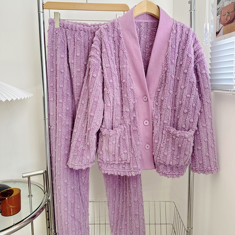 2023新款350克高克重泰迪绒点点套装居家服-模特图 均码（145斤内） 香芋紫