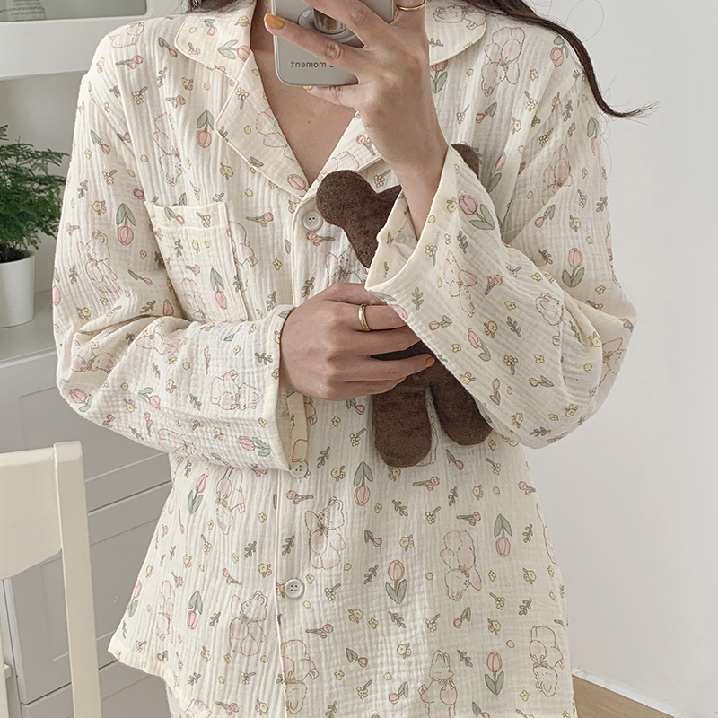 2024新款慵懒风婴儿棉纱邹布长长西装领家居服-模特图 L（150斤内） 郁金香兔
