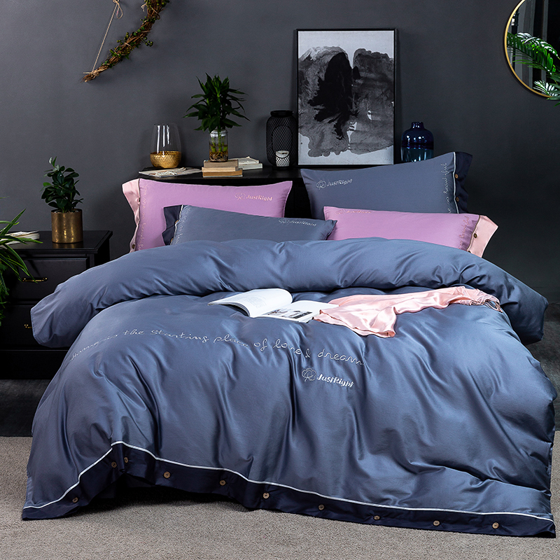2020新款-60支长绒棉系列-绣字秋茗 1.8m（6英尺）床（床单款） 蓝色