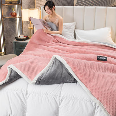 2022新款牛奶绒毛毯三层夹棉毯子绗缝毯多功能盖毯 120x200cm 温馨粉+深灰