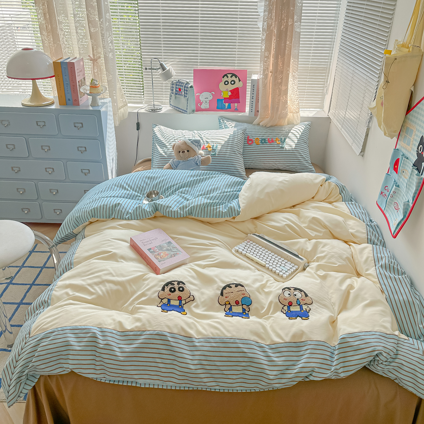 2025新款云朵棉水洗棉毛巾绣拼接拼角床单床笠四件套-调皮大王