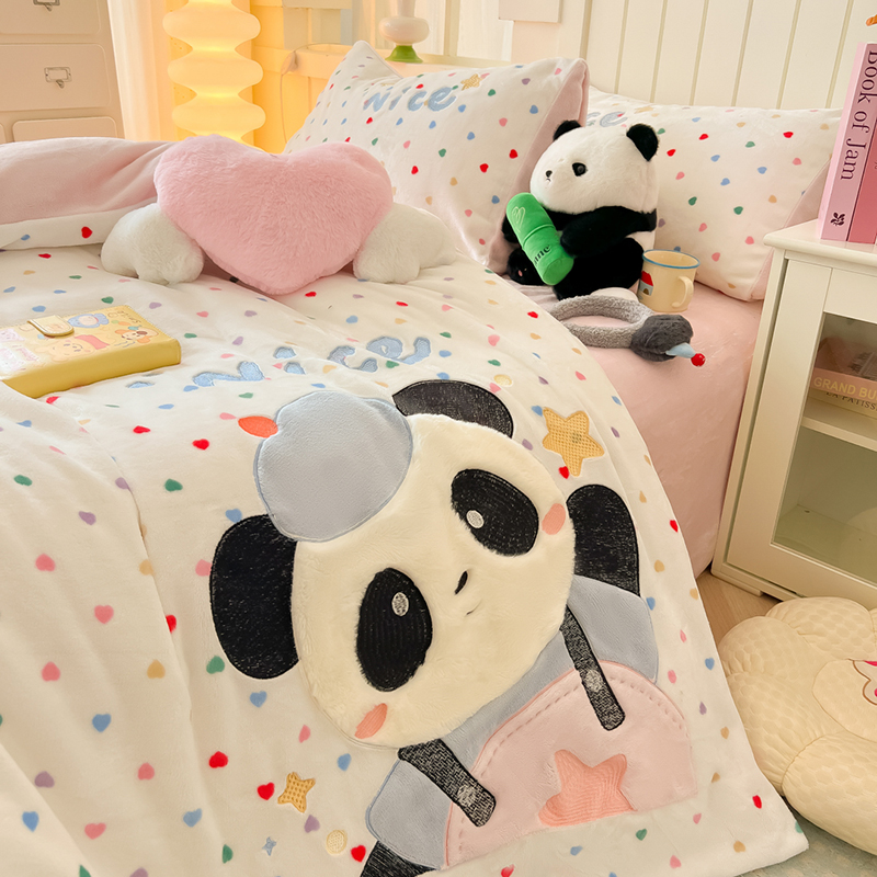 2025秋冬新款牛奶绒卡通贴布绣床单床笠四件套-快乐熊猫场景二