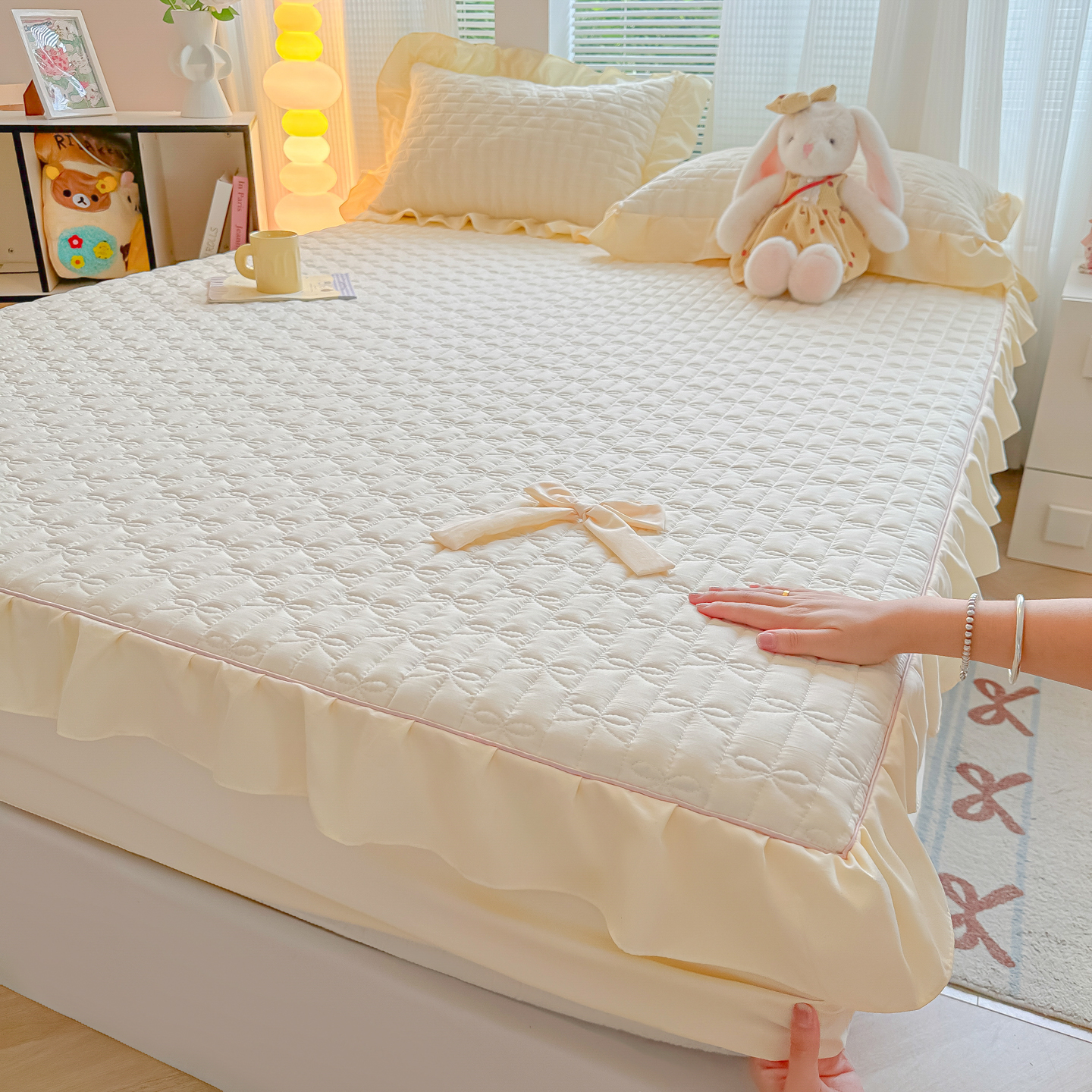 2025新款水洗棉云朵棉花边蝴蝶结夹棉床笠单床笠