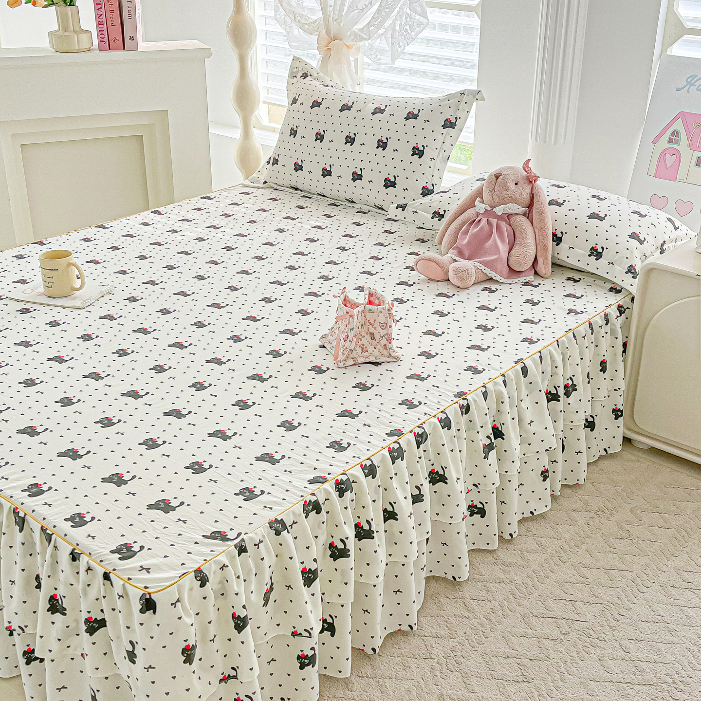 2025新款云朵棉水洗棉韩版双层花边公主风床裙床裙三件套