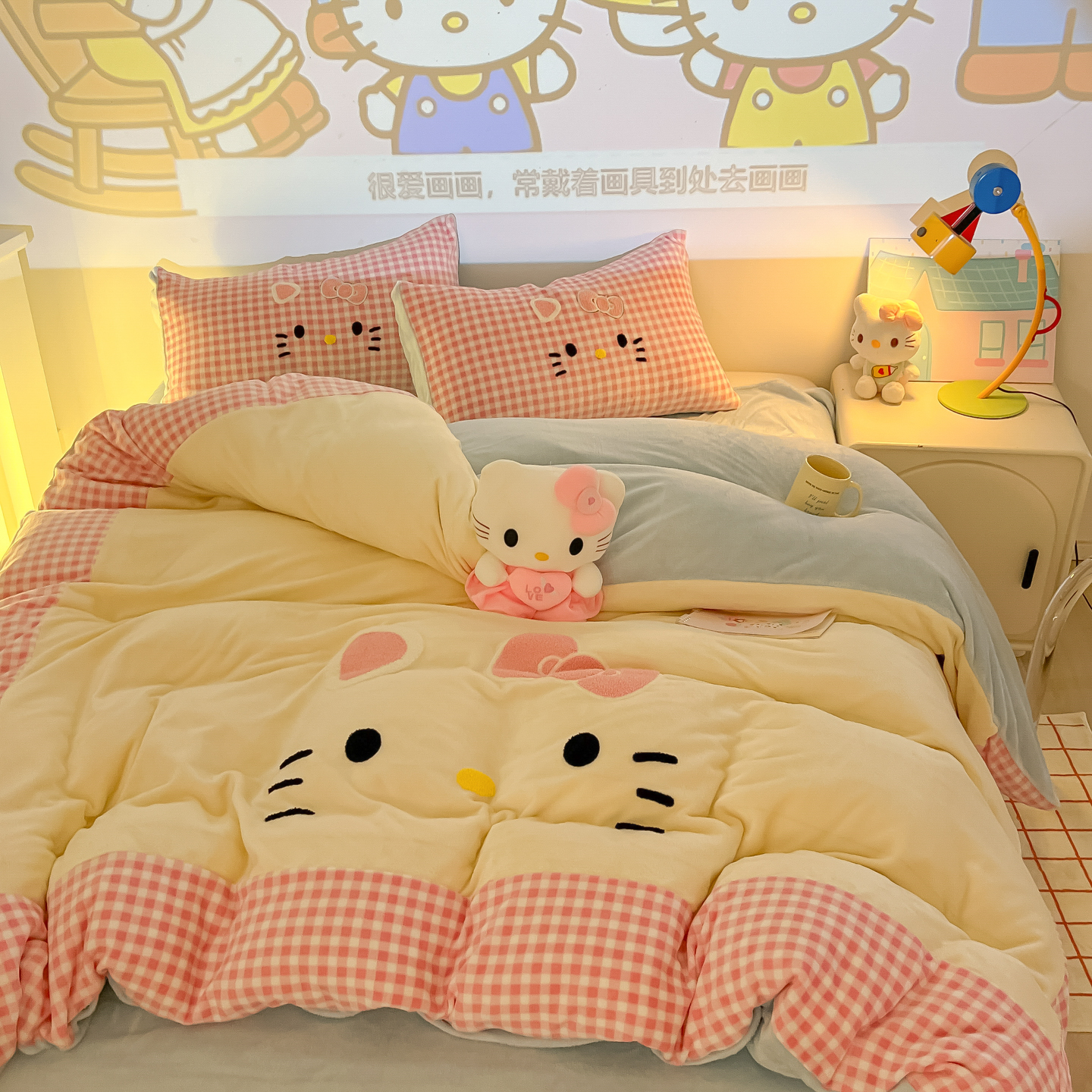 2025新款A类加厚牛奶绒可爱猫咪毛巾绣床单床笠四件套-可爱猫咪