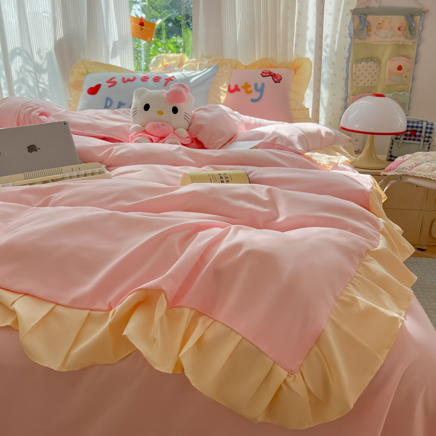 2025新款奶油风毛巾绣云朵棉水洗棉花边床单床笠床裙四件套-丘比特