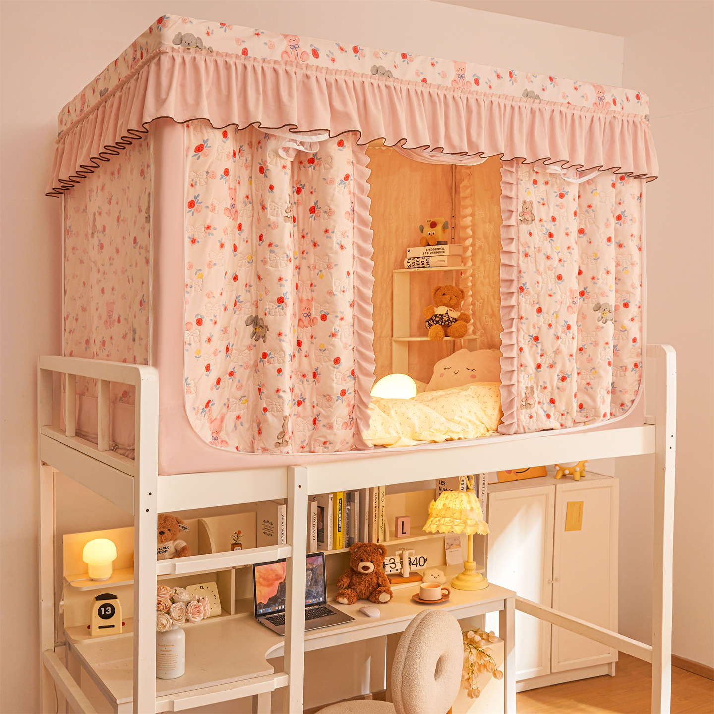 2025新款学生宿舍遮光+保暖蚊帐系列图 学生布帘款-玫瑰小熊