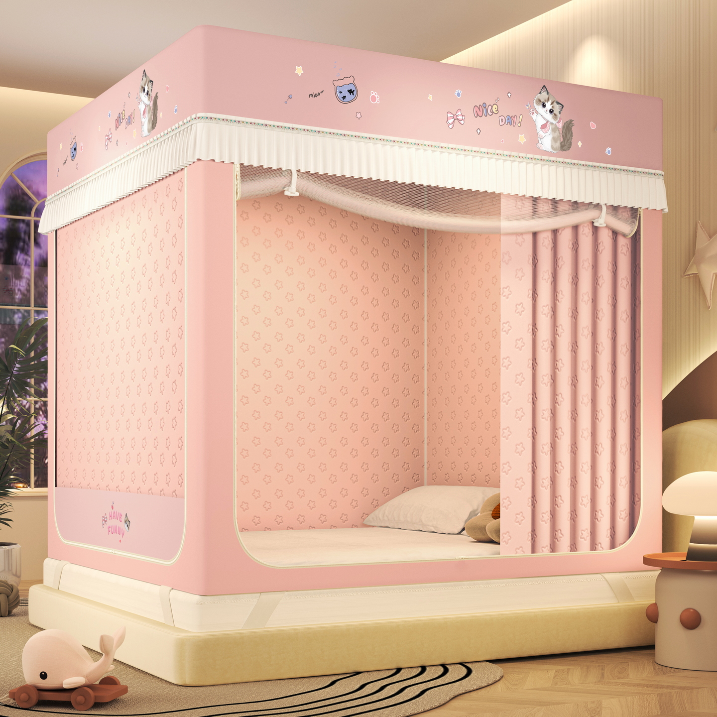 2025新款纯色款遮光夹棉保暖蚊帐全底防摔回底家用坐床拉链 布偶猫