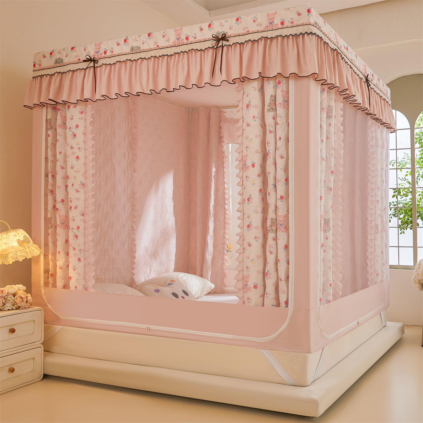 2025新款韩版坐床夹棉保暖遮光蚊帐 夹棉款-玫瑰小熊