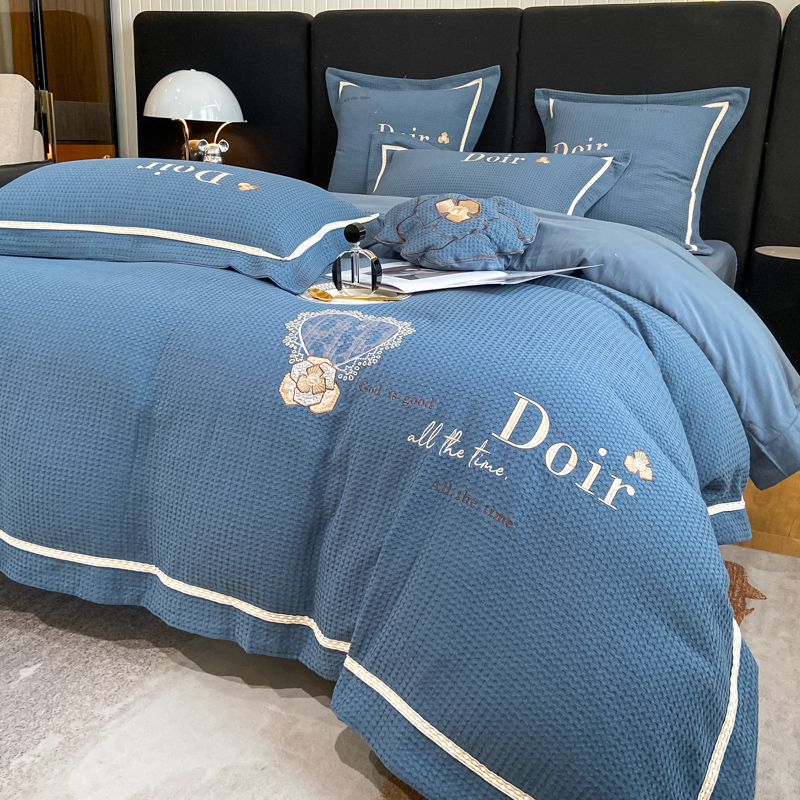 2024新款A类全棉华夫格刺绣四件套 华夫格一宾蓝
