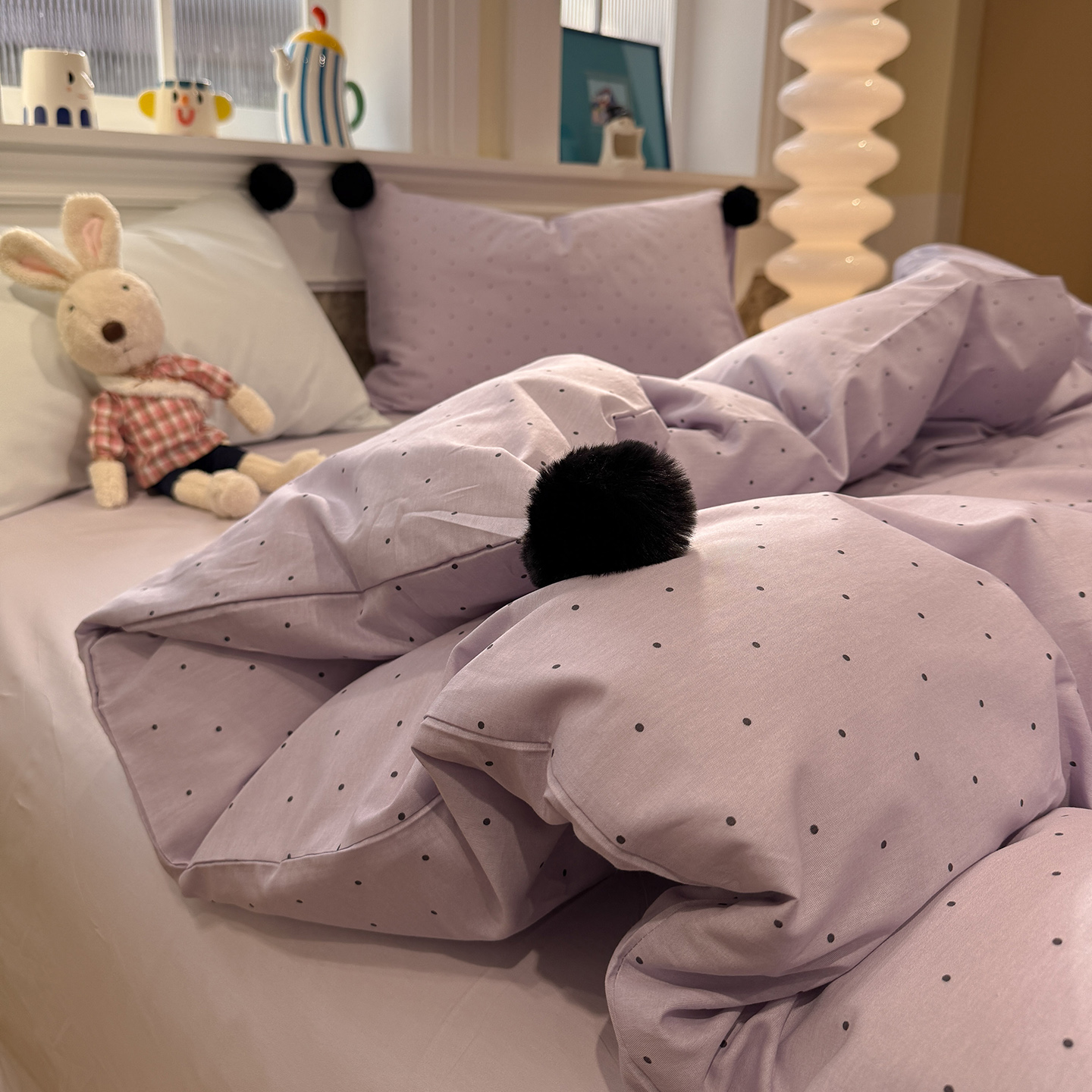 2026新款全棉水洗带球工艺四件套 波点紫